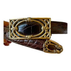 Brighton B3508 Brown M 30 Embossed Leather Belt With Ornate Silver Buckle & Tip